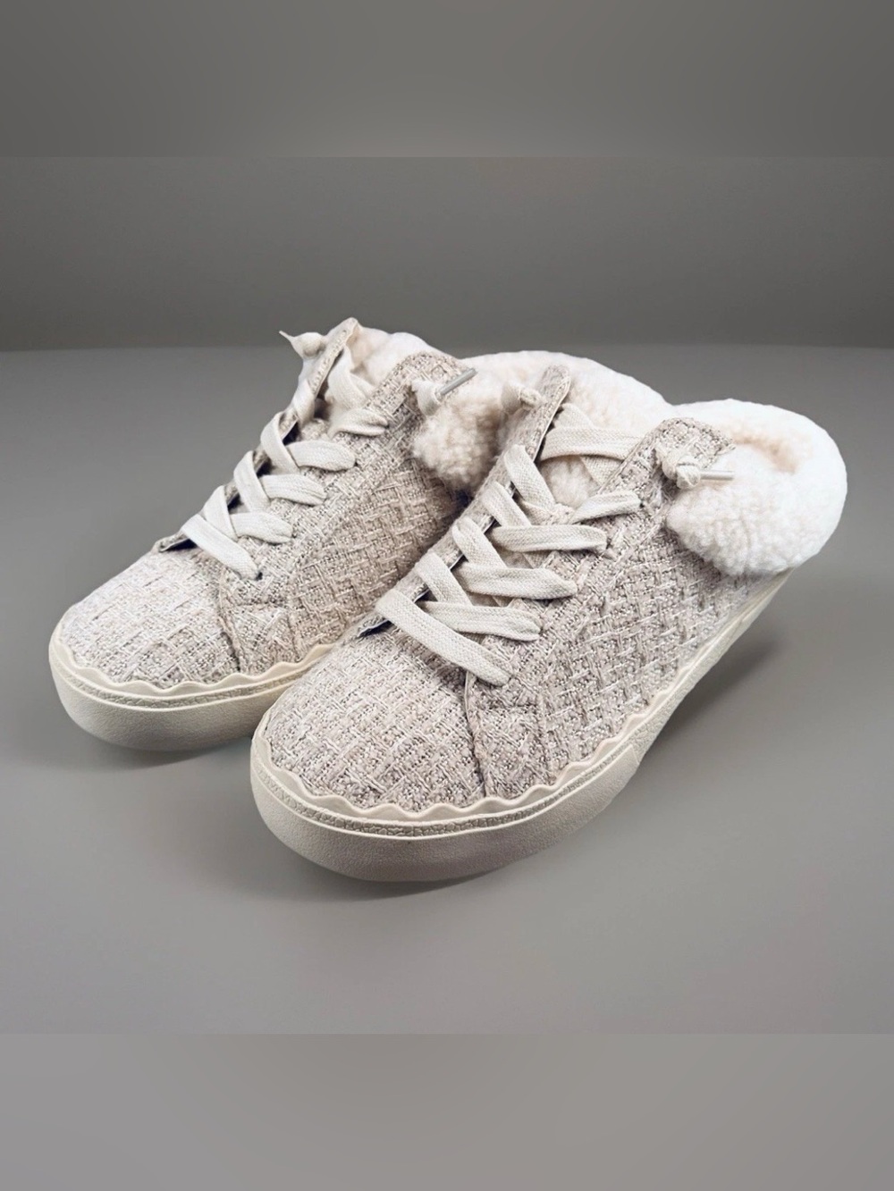 Anne Klein Courage Mule Sneakers Women 8M Beige Woven Faux Fur Cozy Slip On